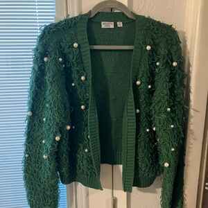 Green Holiday Sweater with Pearl Accents